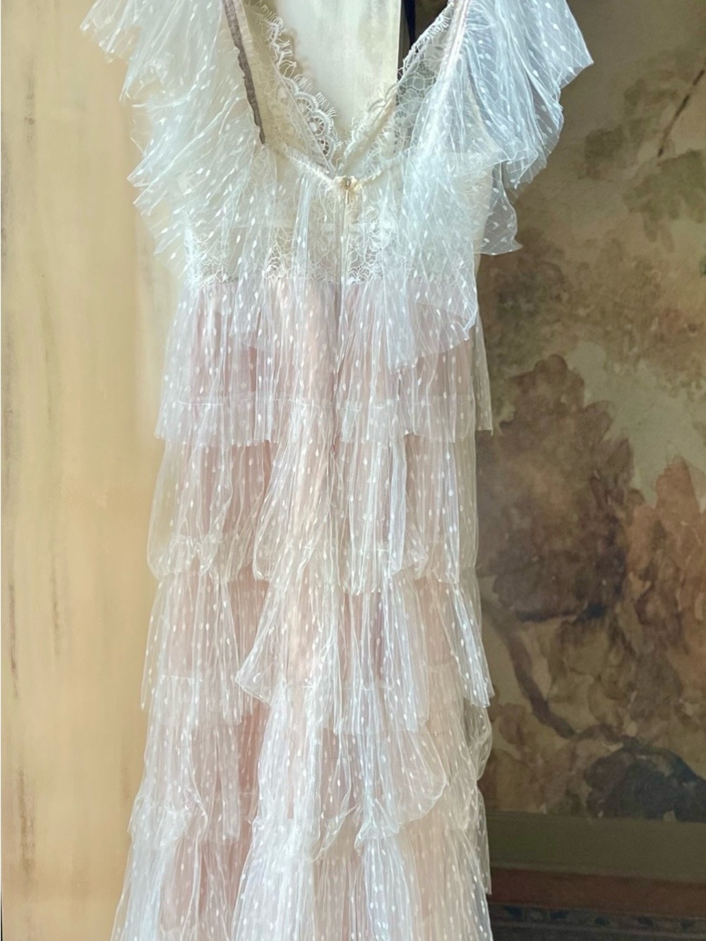 Watters Tiered Lace & Swiss Dot Wedding Dress, Custom Tulle Flutter Sleeves, 8 - Picture 7 of 15